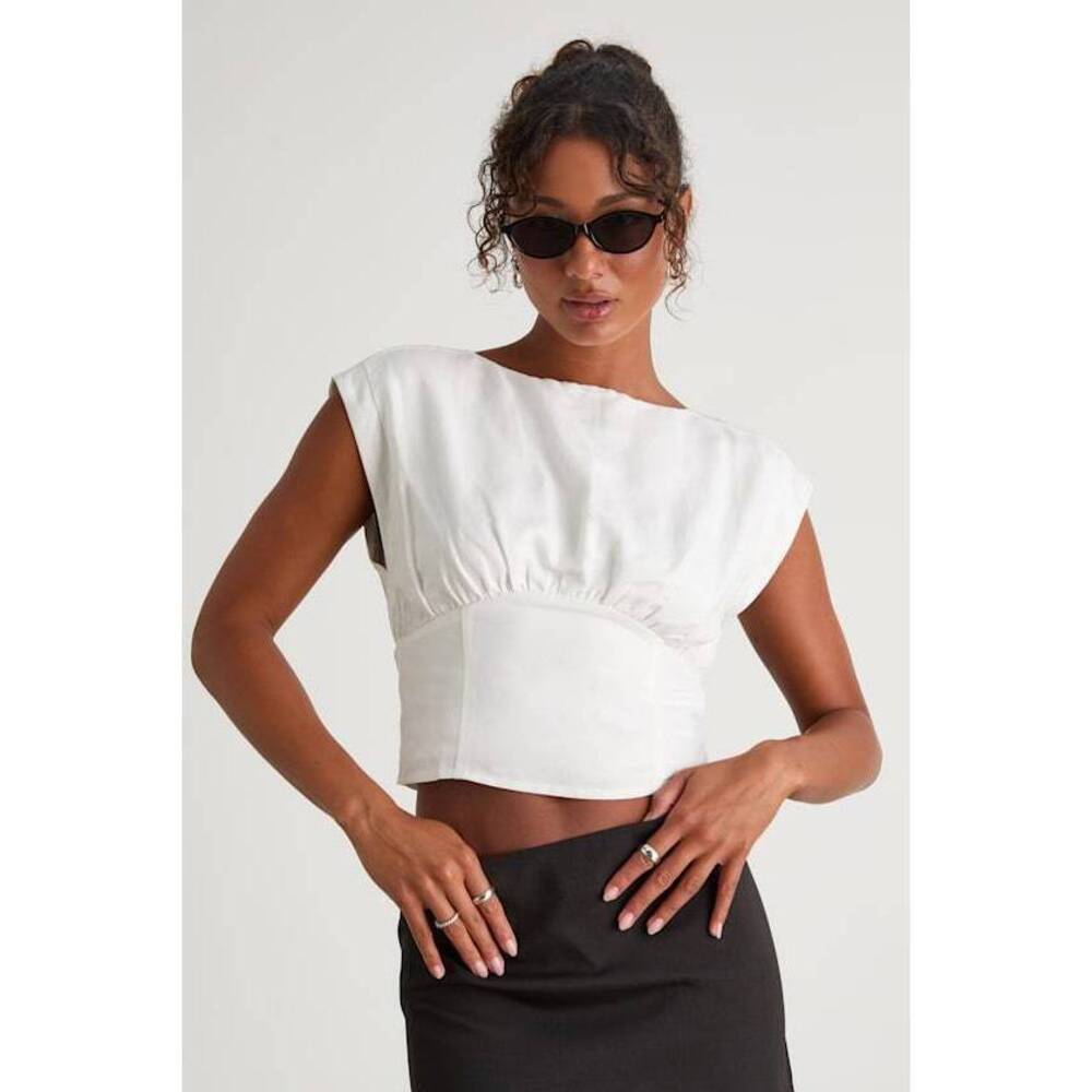 Lulus Mavis Ivory Linen Boat Neck Cap Sleeve Top White - Size S